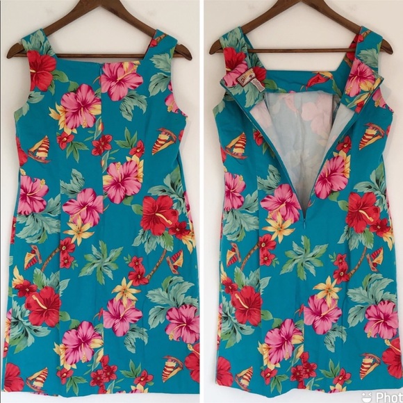 Caribbean Joe Turquoise Floral Cotton Sheath Sundress, size Petite Medium - Picture 4 of 10